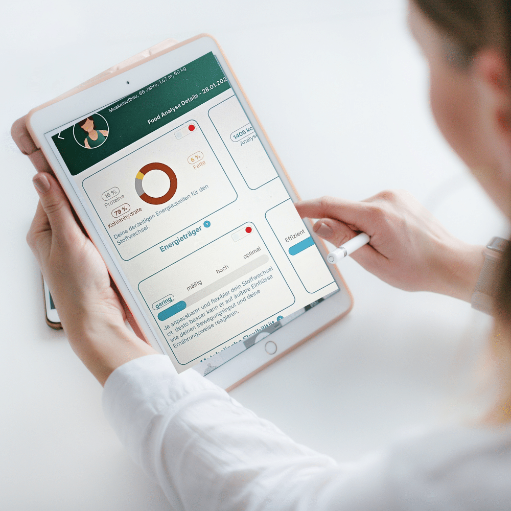 Auswertung der Stoffwechselanalyse auf dem Tablet: Anteil von Fett, Eiweiß und Kohlenhydraten an der Energiegewinnung