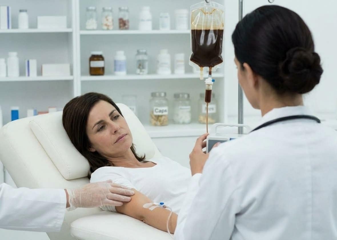 Patientin erhält eine Eiseninfusion im Behandlungsstuhl