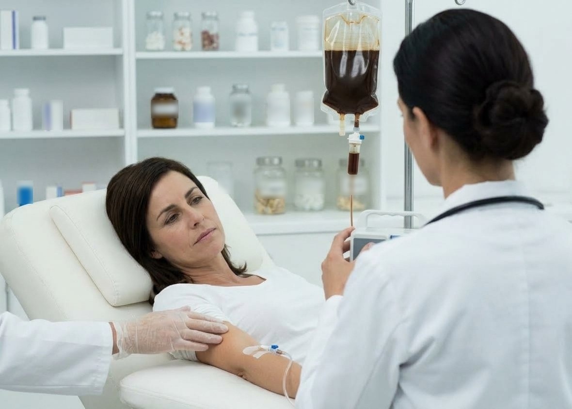 Patientin erhält eine Eiseninfusion im Behandlungsstuhl