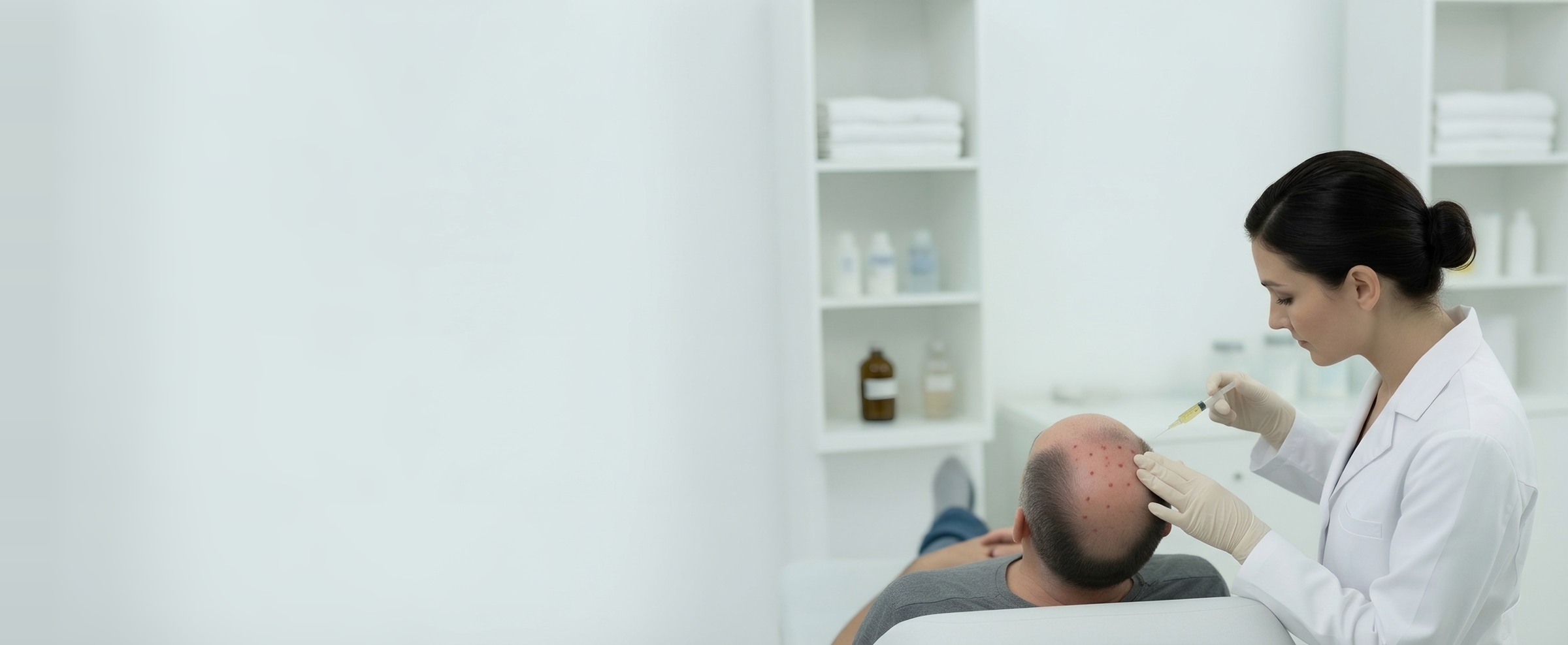 Ärztin behandelt die Kopfhaut eines Mannes nach einer Haartransplantation mit PRP